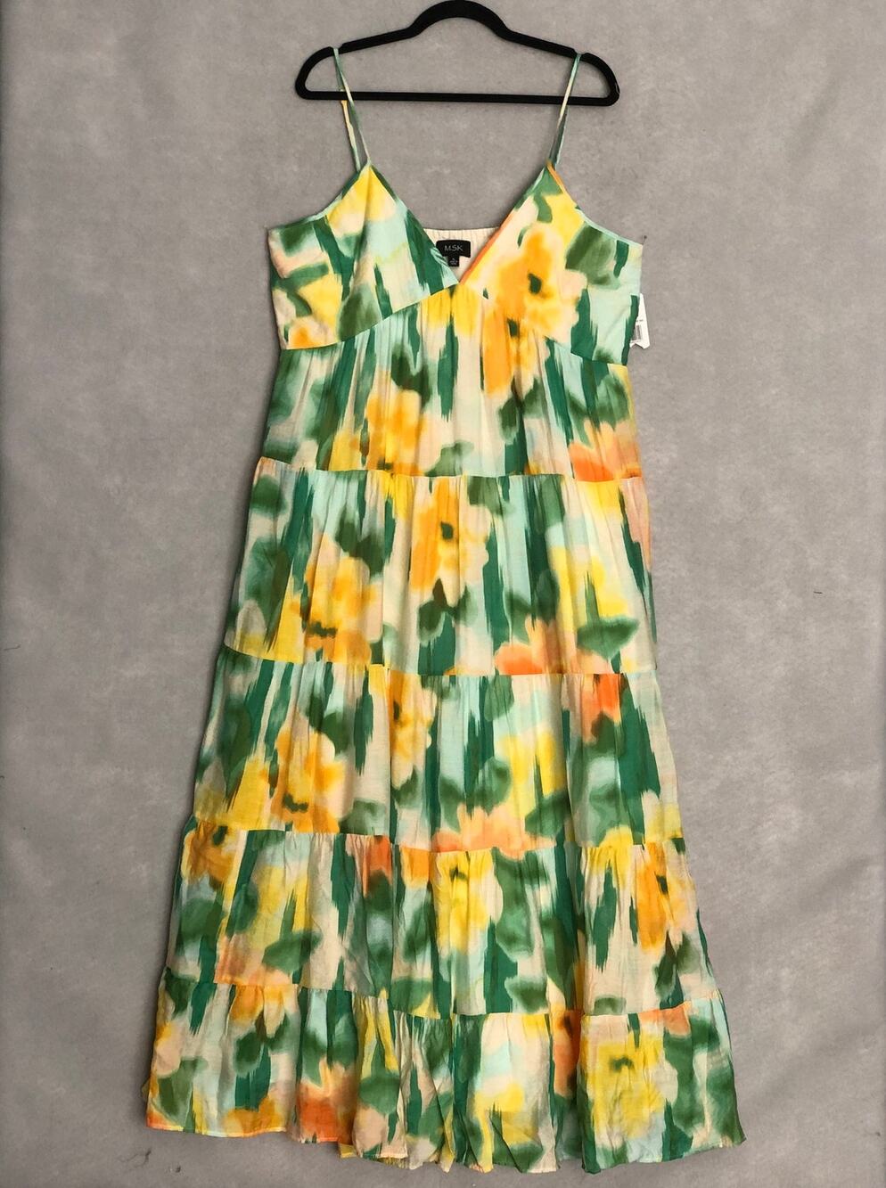 MSK Floral Maxi Sundress V-Neck Tiered in Beach Glass Women's XL NEW